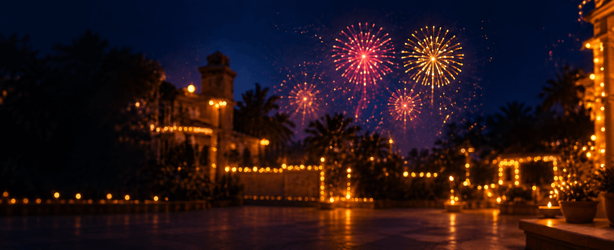 Fireworks lighting up a festive courtyard at night